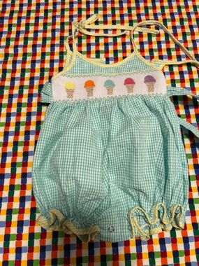 Mint Gingham Ice Cream Smocked Baby Romper 3 months